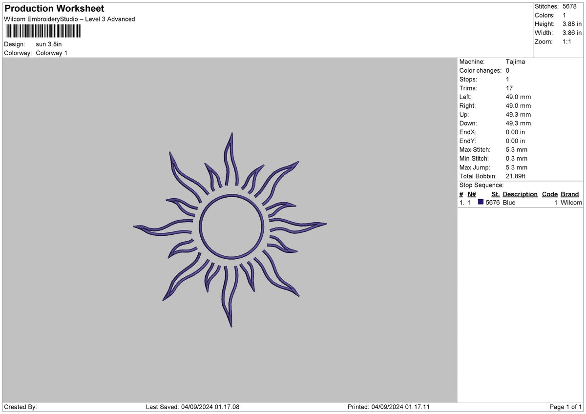 Sun Outline 01 Embroidery File 6 sizes