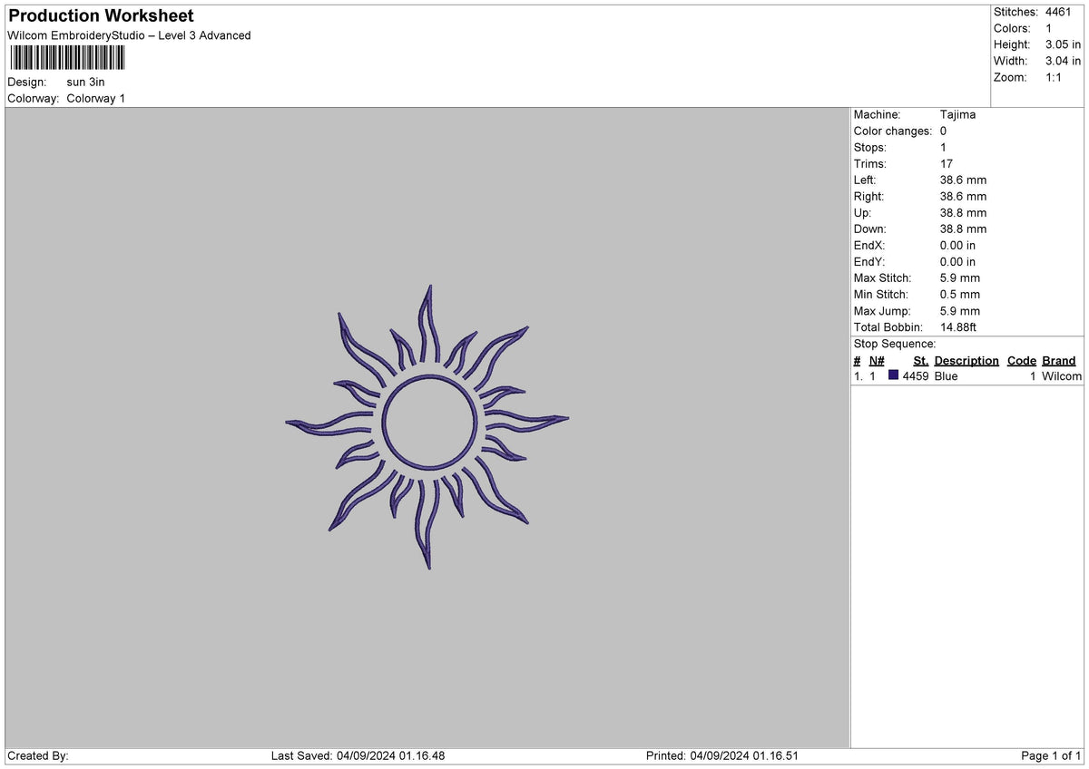 Sun Outline 01 Embroidery File 6 sizes