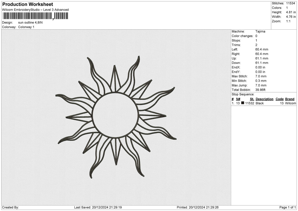 Sun Outline Embroidery File 6 size