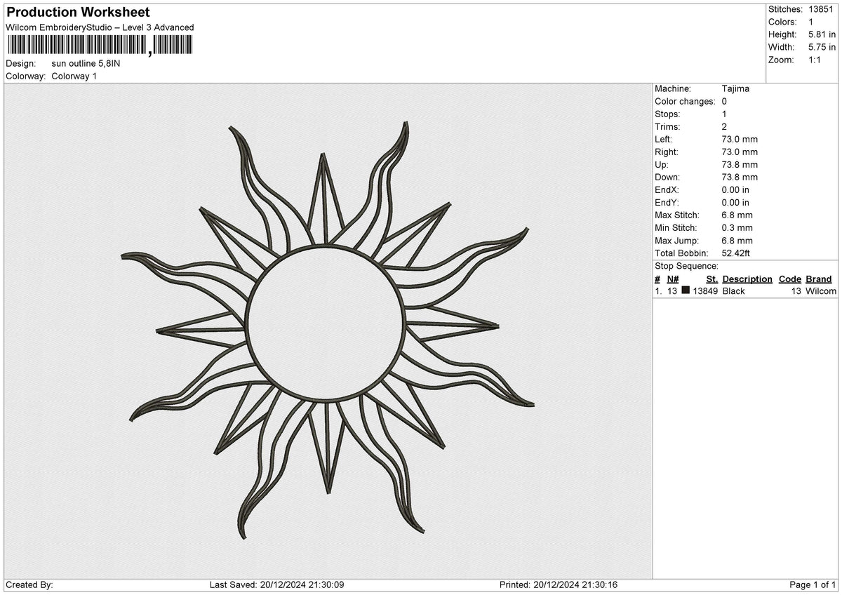 Sun Outline Embroidery File 6 size