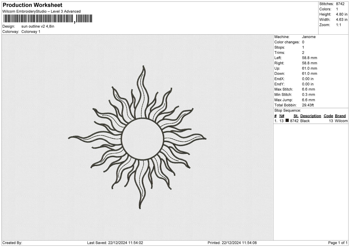Sun Outline v2 Embroidery File 6 size