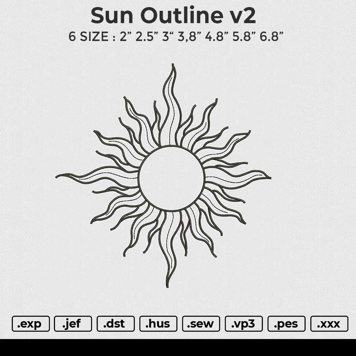 Sun Outline v2 Embroidery File 6 size