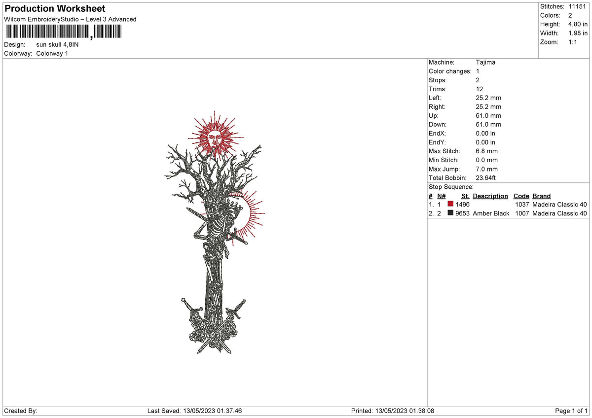 Sun Skull Embroidery File 6 sizes