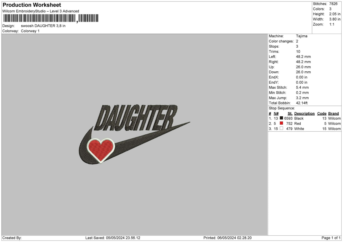 Swoosh Daughter Embroidery File 6 sizes