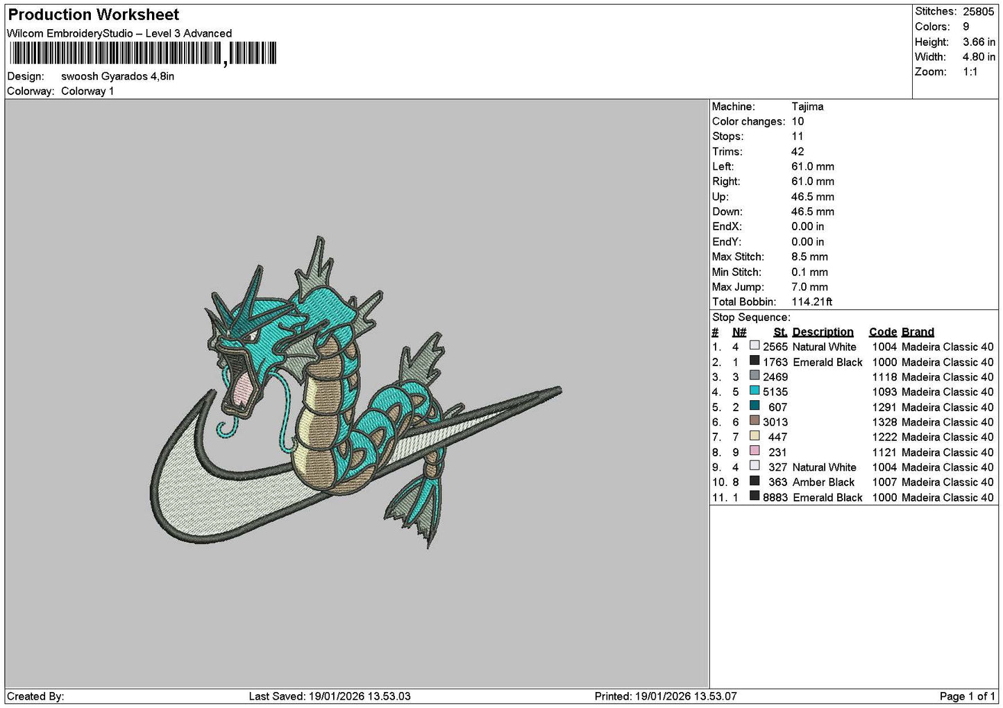 Swoosh Gyarados Embroidery File 6 sizes