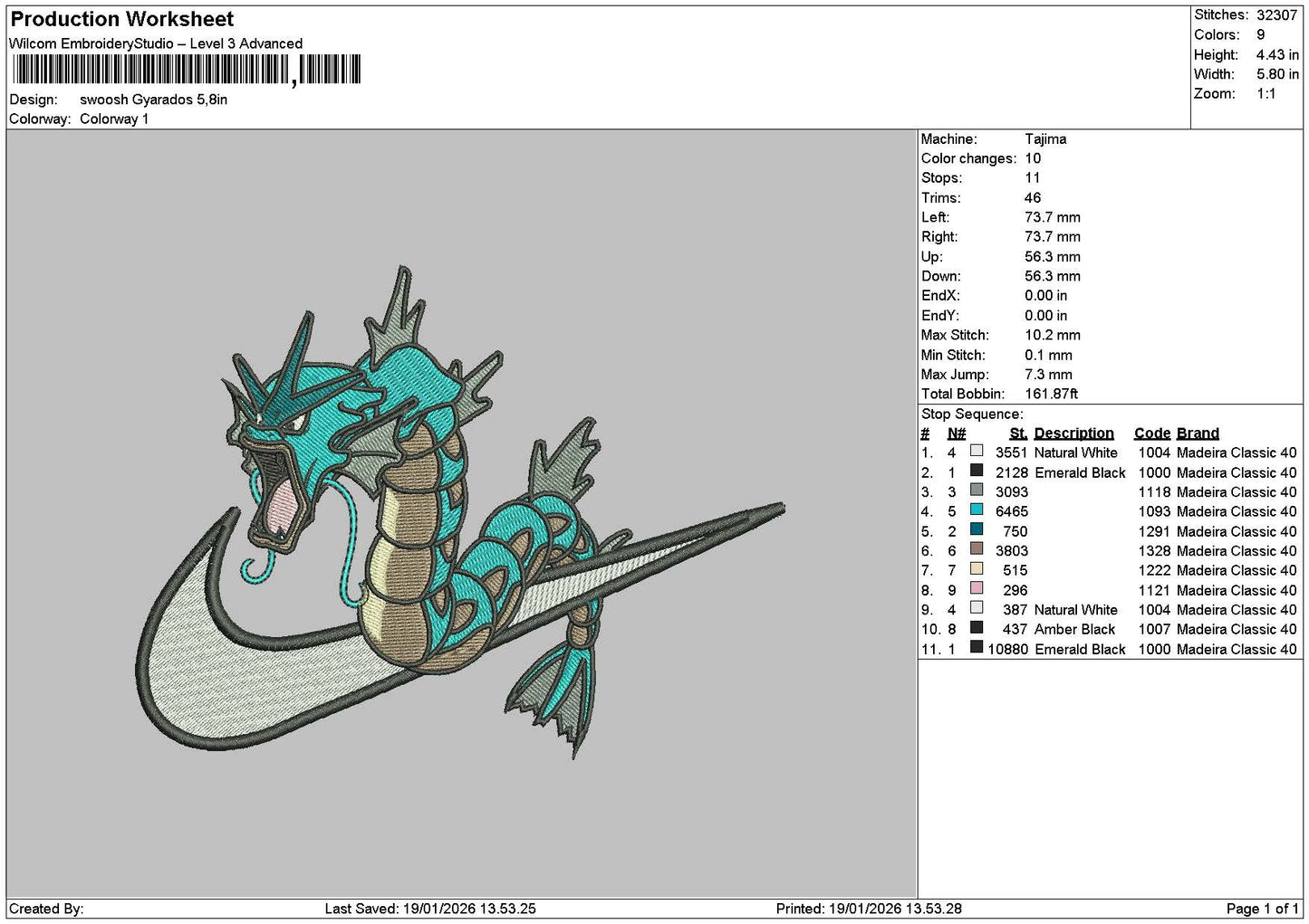 Swoosh Gyarados Embroidery File 6 sizes
