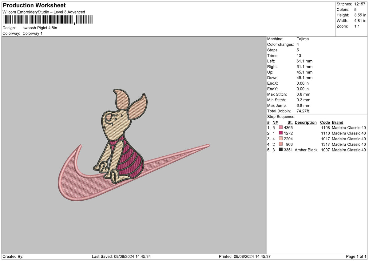 Swoosh Piglet 01 Embroidery File 6 sizes