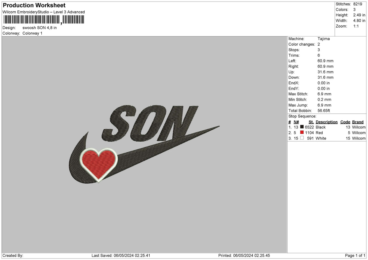 Swoosh Son Embroidery File 6 sizes