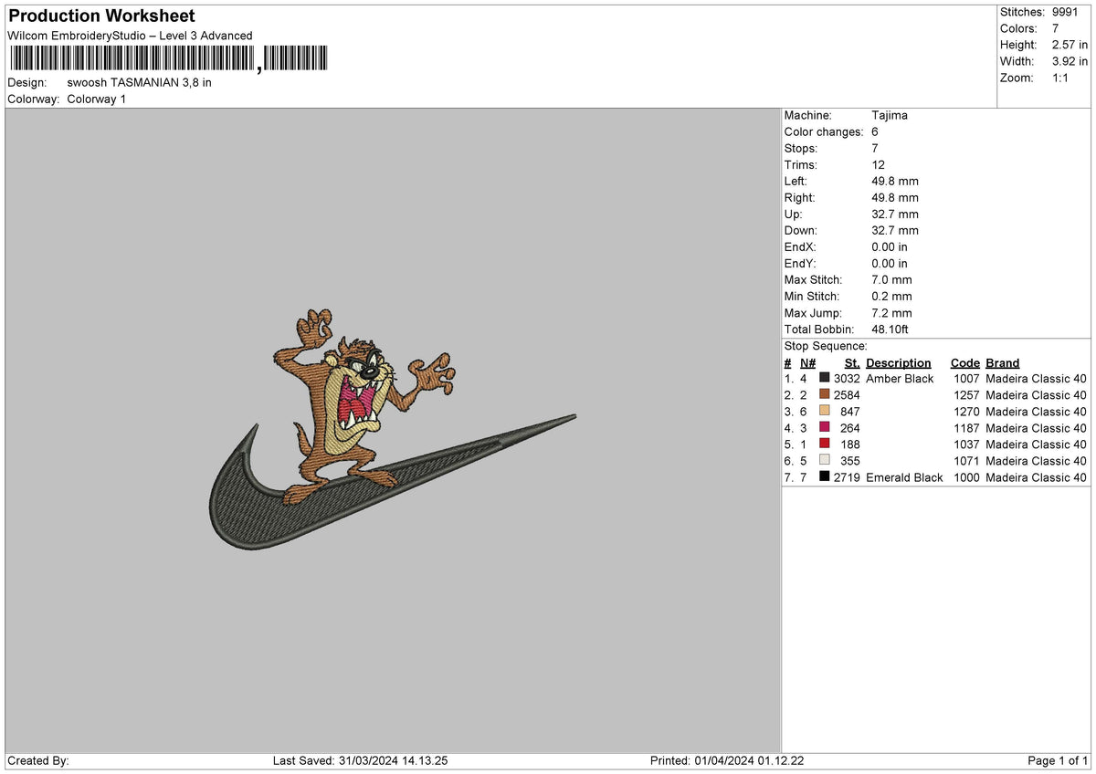 Swoosh Tasmania Embroidery File 6 sizes