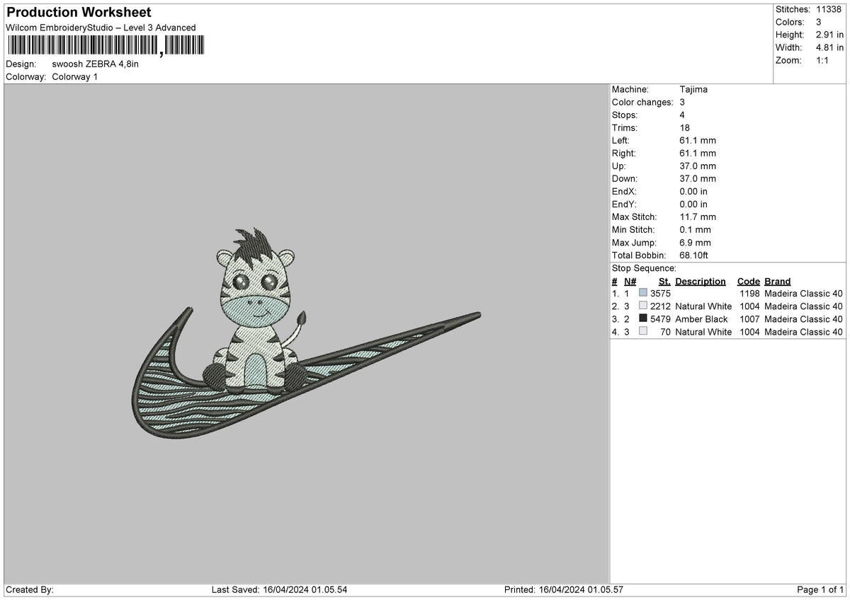 Swoosh Zebra Embroiery File 6 sizes