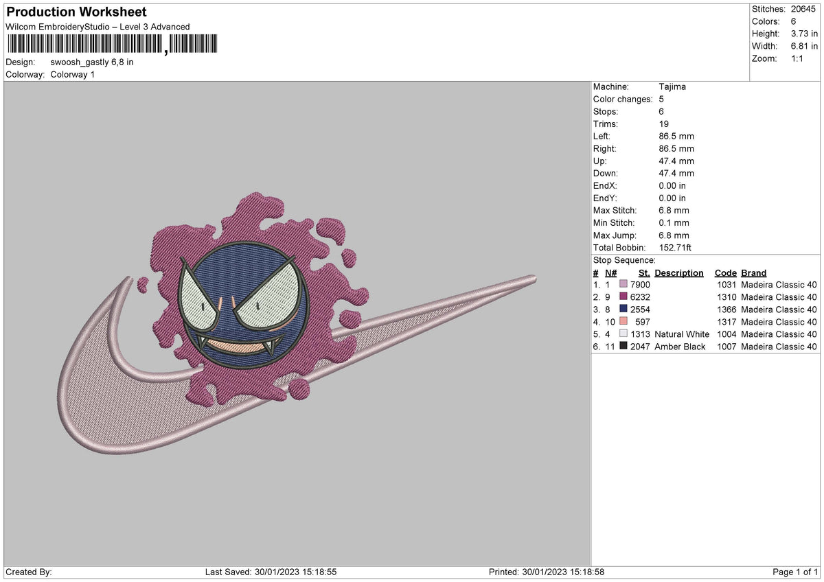 Swoosh Gastly Embroidery File 6 sizes
