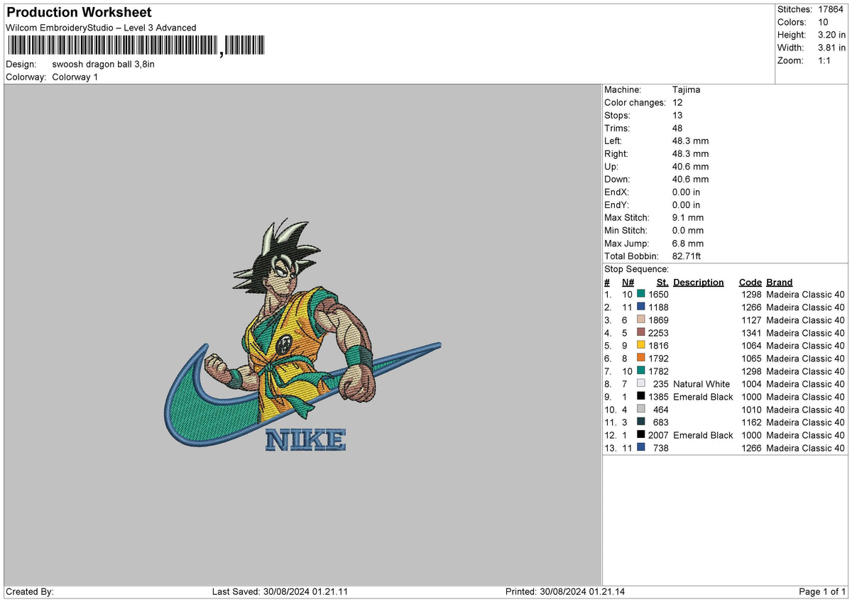 Swoosh Goku 2908 Embroidery File 6 sizes