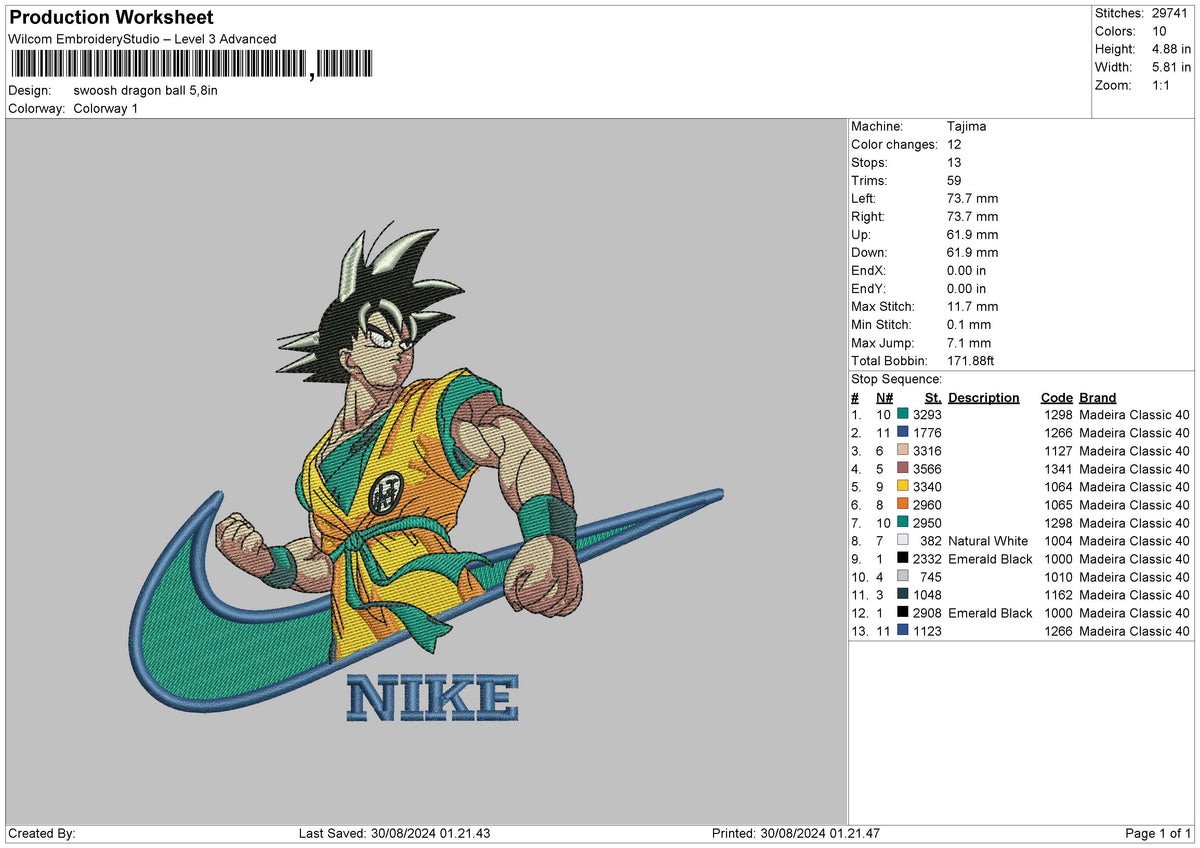 Swoosh Goku 2908 Embroidery File 6 sizes