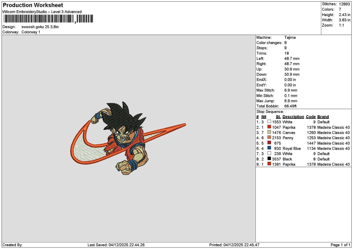Swoosh Goku 25 Embroidery File 6 sizes