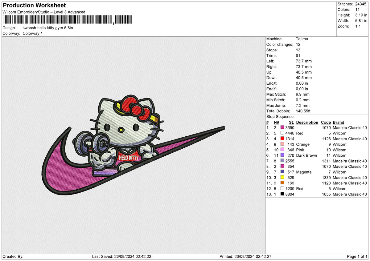 Swoosh Hello kitty Gym Embroidery File 6 size