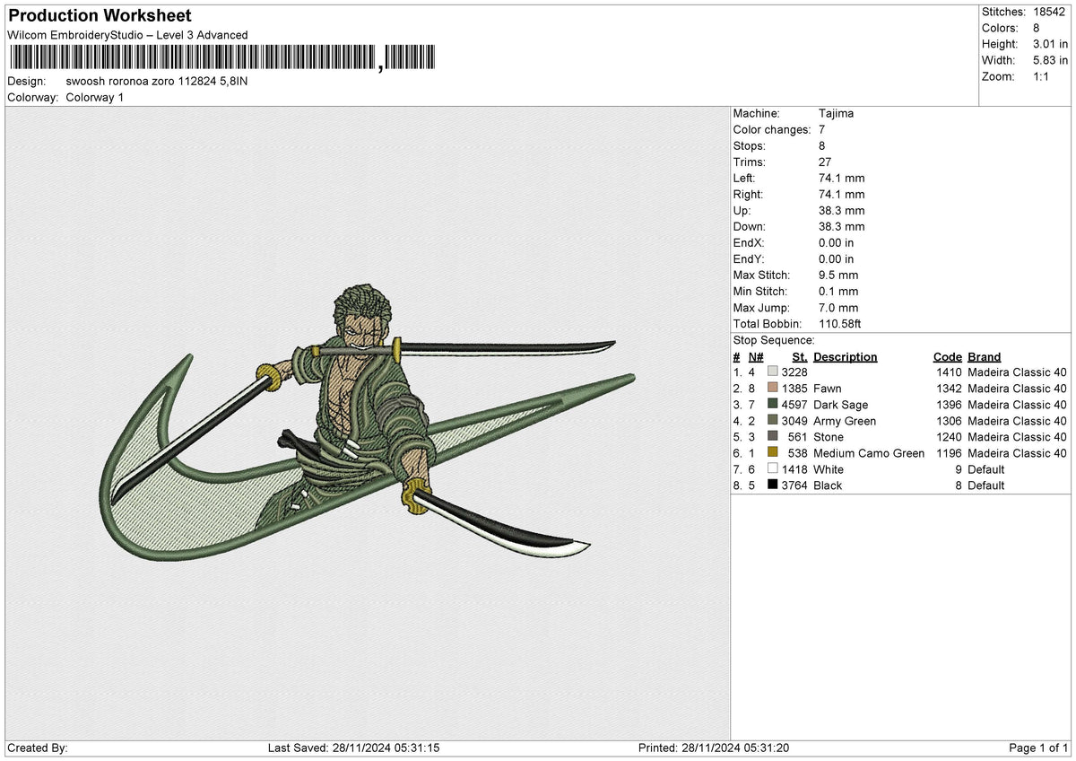 Swoosh Roronoa Zoro 112824 Embroidery File 6 size