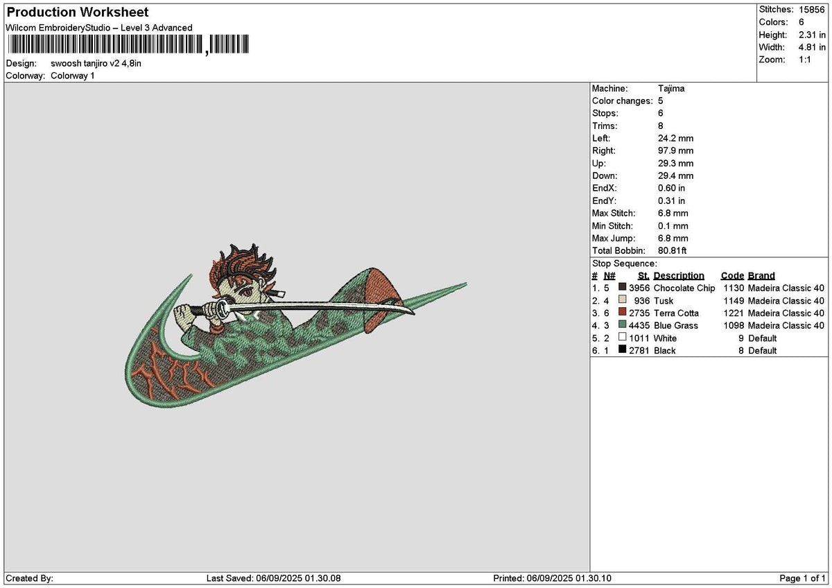 Swoosh Tanjiro V2 Embroidery File 6 sizes