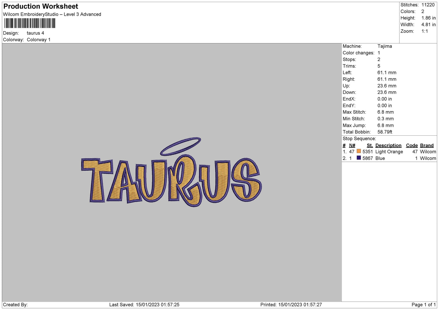 Taurus Embroidery File 6 sizes
