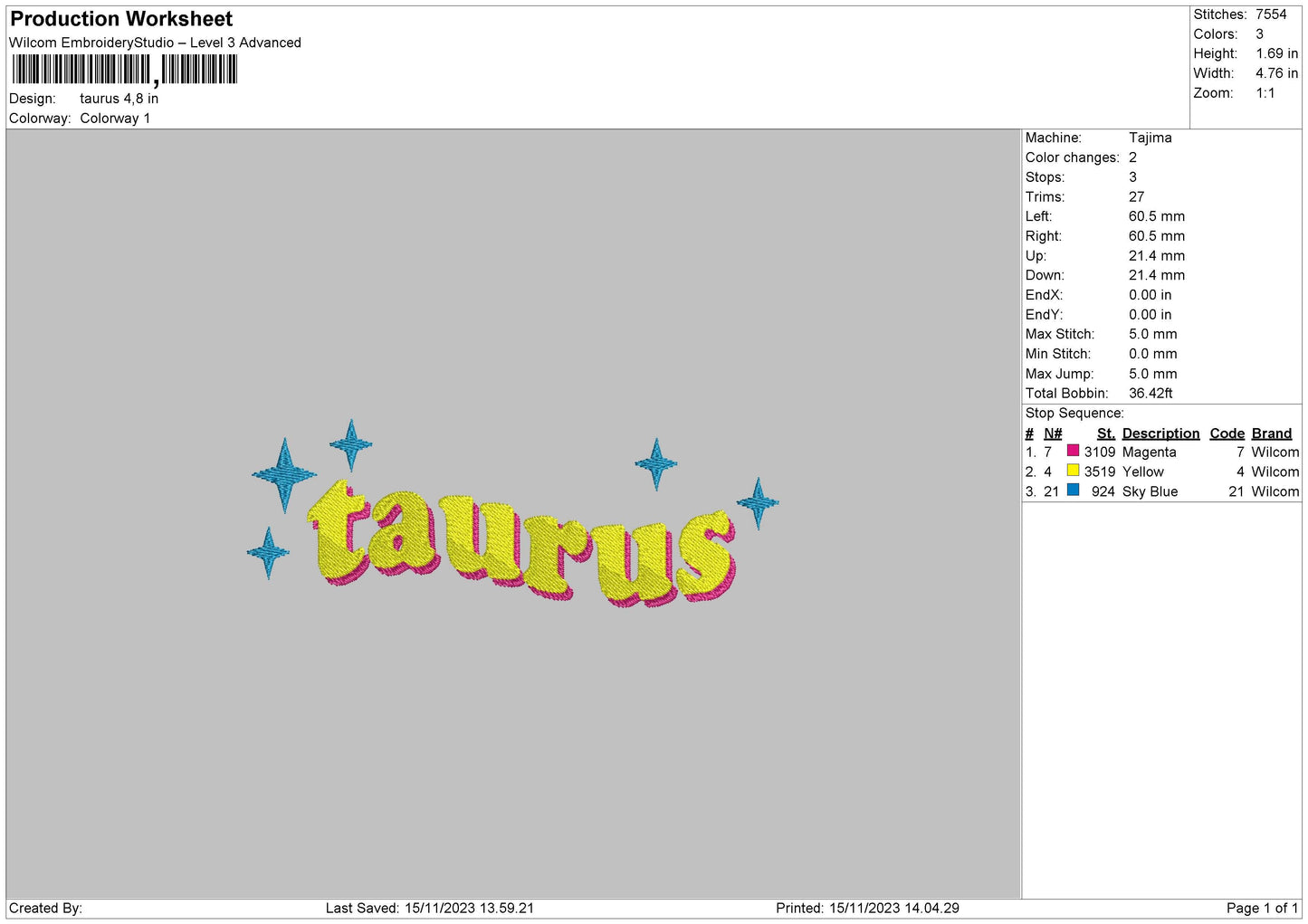Taurus Text Embroidery File 6 sizes