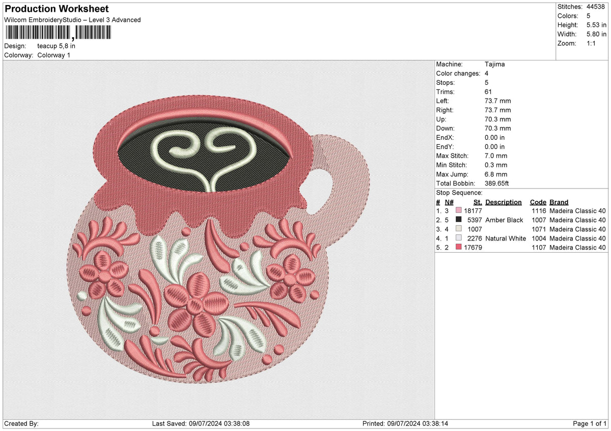 Teacup Embroidery File 6 size