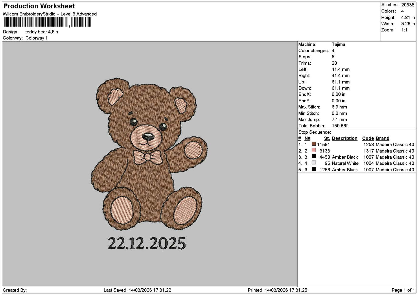 Teddy1403 Embroidery File 6 sizes