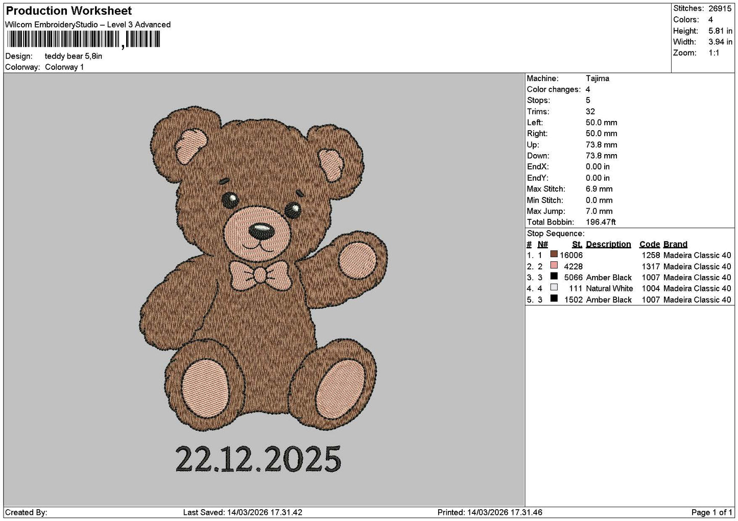 Teddy1403 Embroidery File 6 sizes