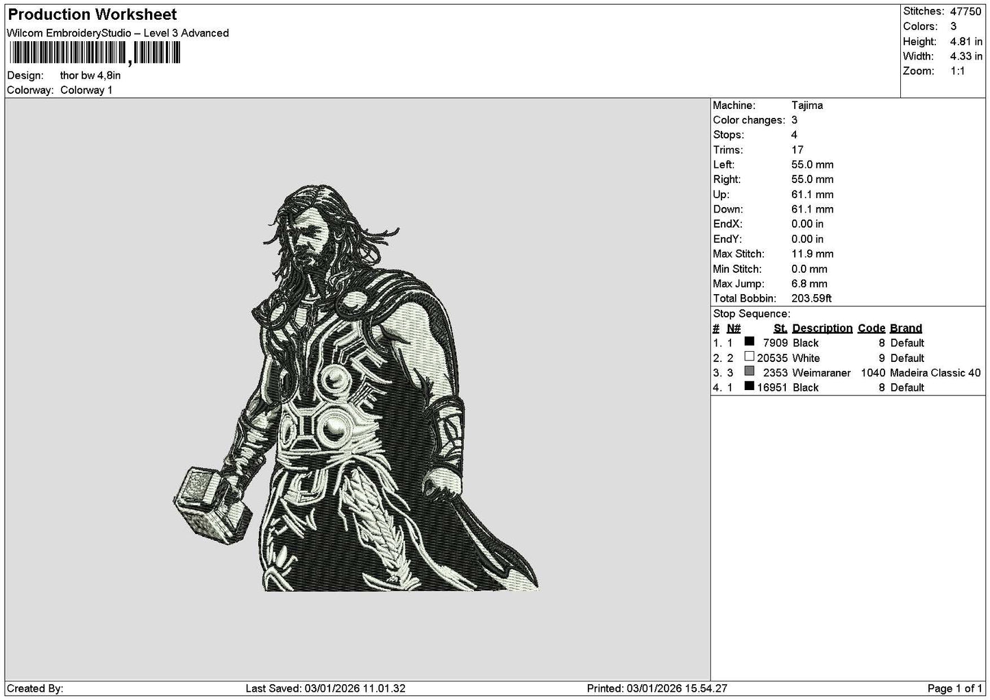 Thor BW Embroidery File 6 sizes