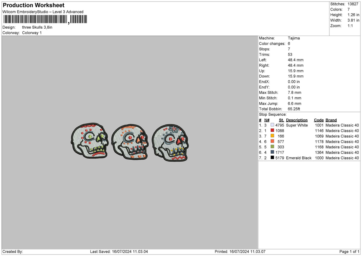 Three Skulls Embroidery File 6 sizes