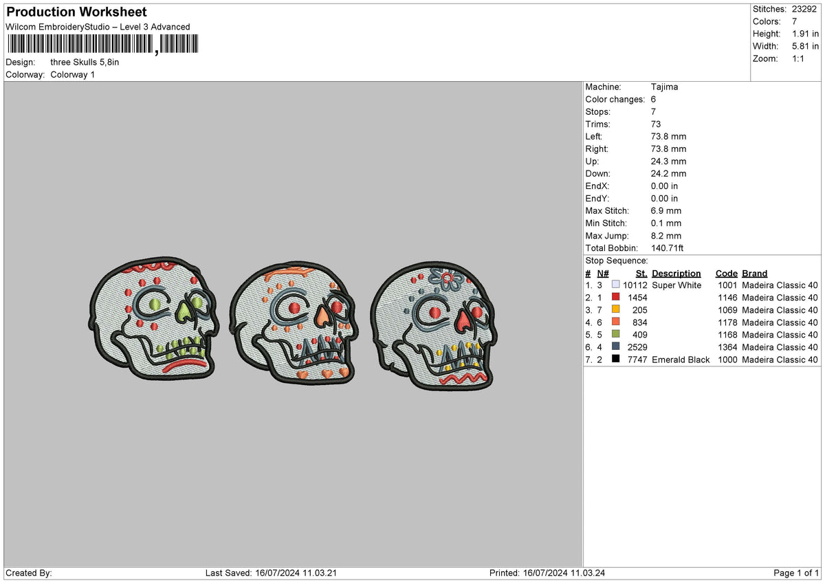 Three Skulls Embroidery File 6 sizes