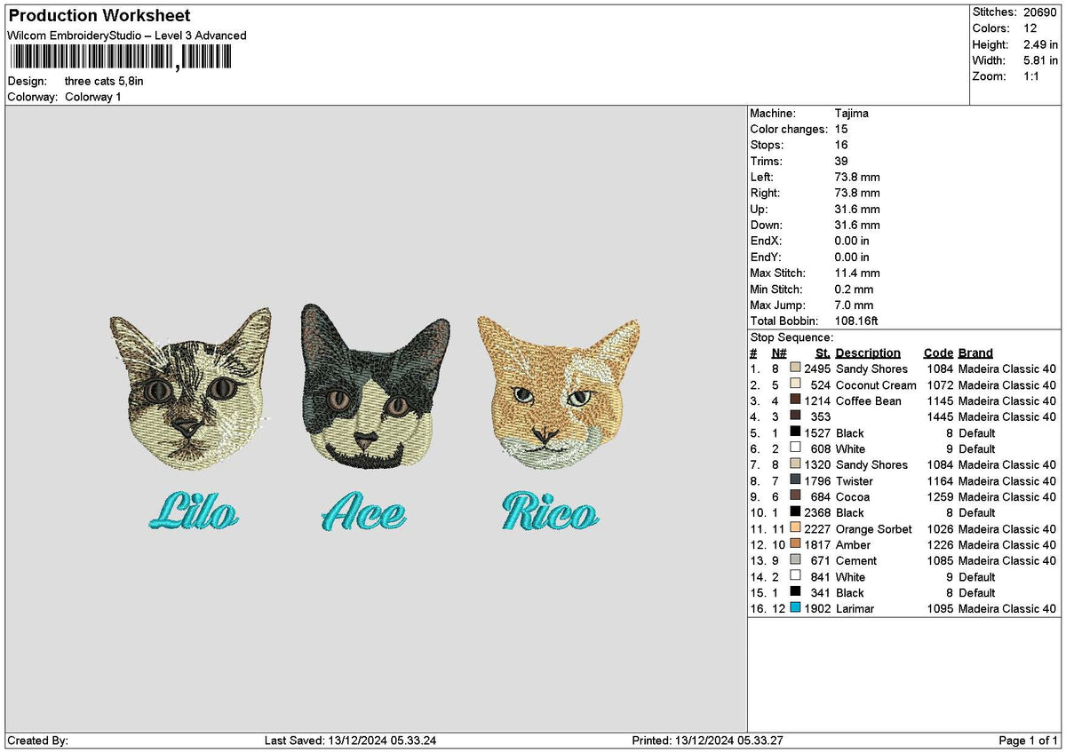 Three Cats 1312 Embroidery File 6 sizes