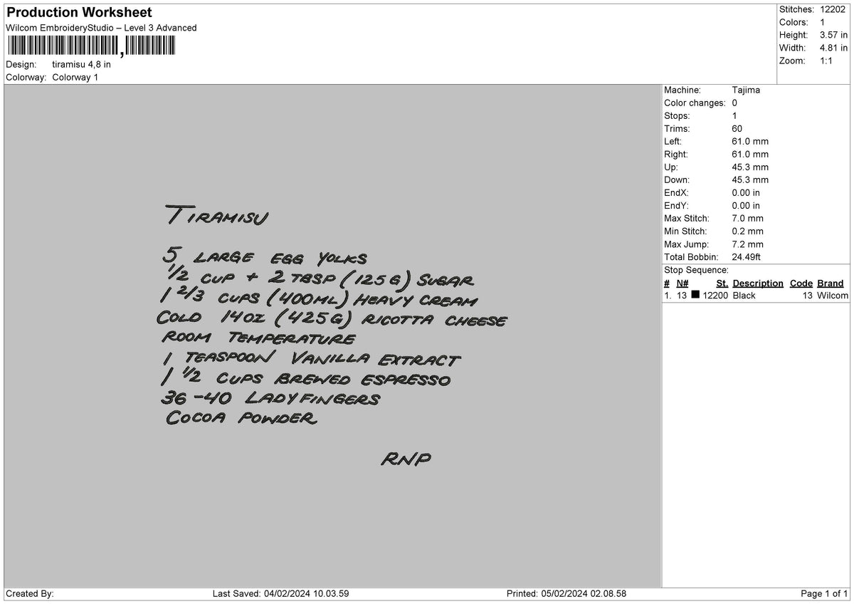 Tiramisu Text Embroidery File 6 sizes