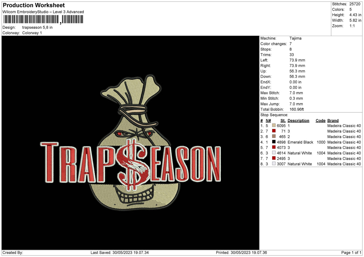 Trapseason Embroidery File 6 sizes