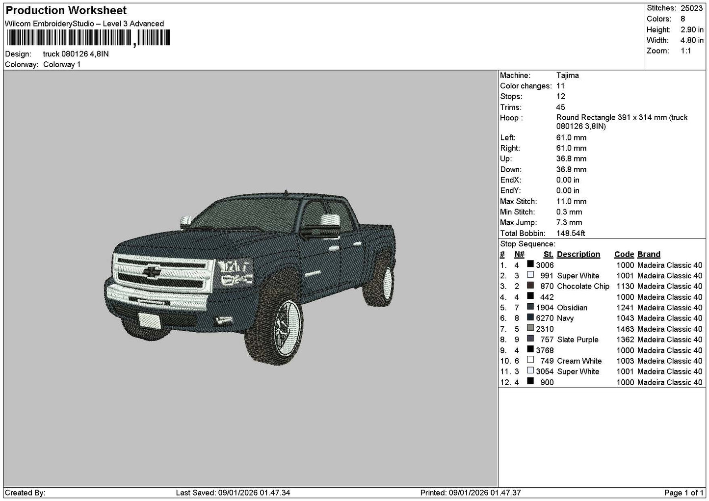 Truck 0801 Embroidery File 6 sizes