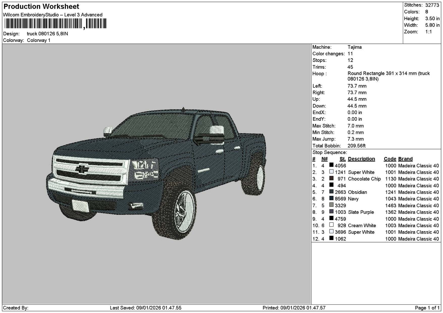 Truck 0801 Embroidery File 6 sizes