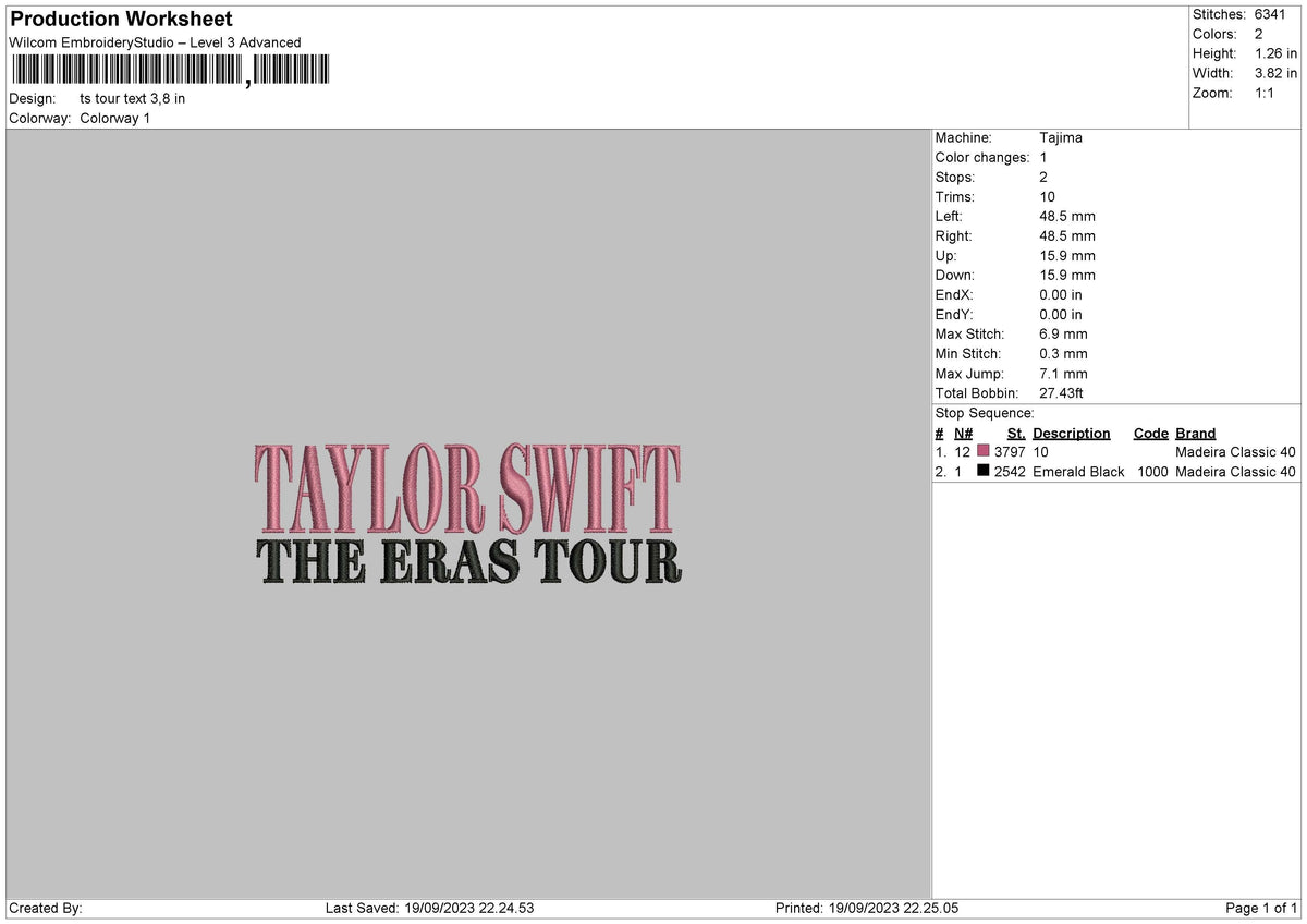 Ts Tour Text Embroidery File 6 sizes