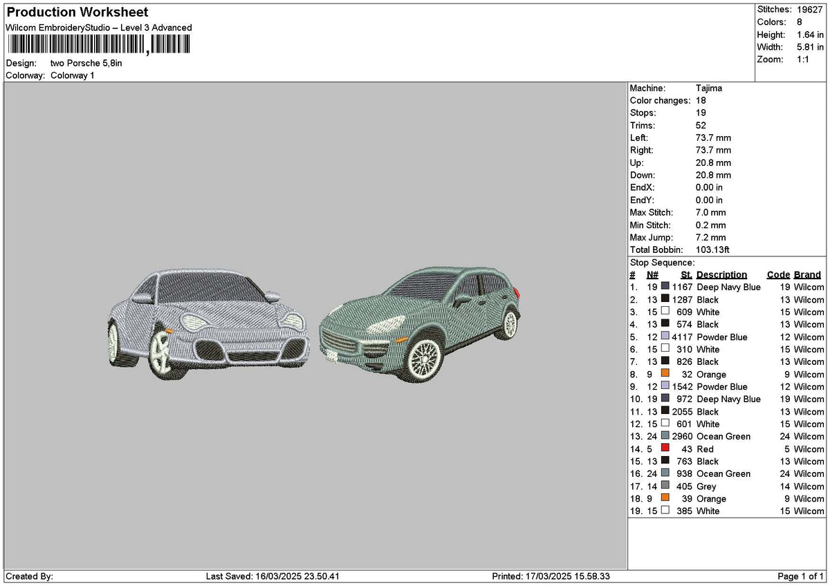Two Cars 1703 Embroidery File 6 sizes