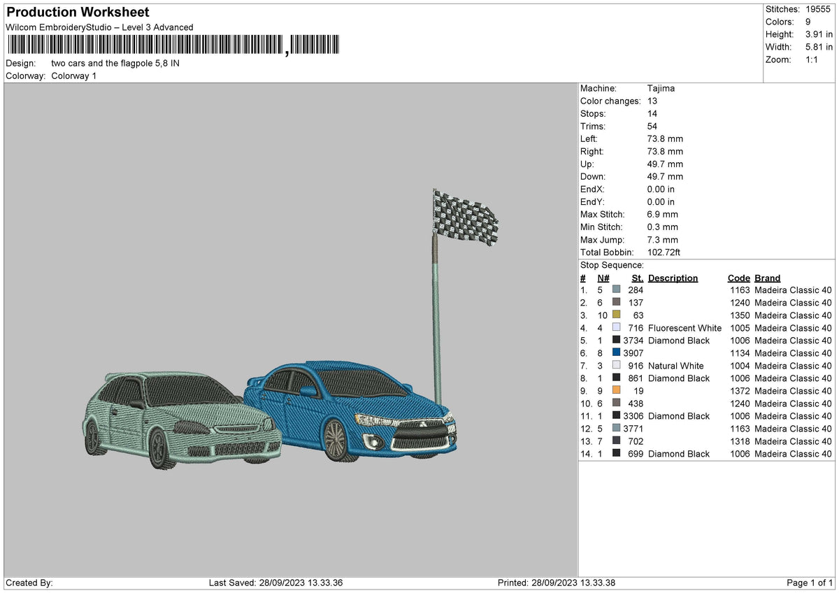 Two Cars Embroidery File 6 Sizes