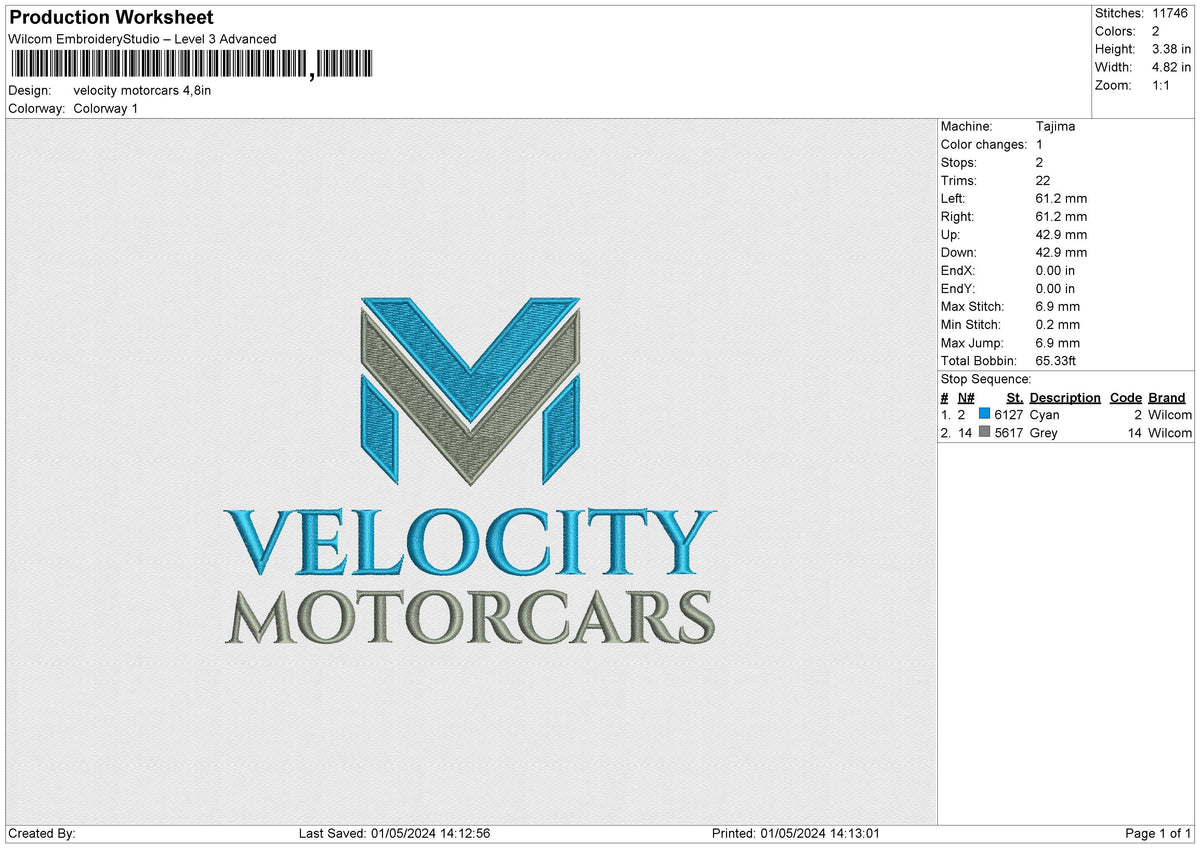 Velocity motorcars Embroidery File 6 size