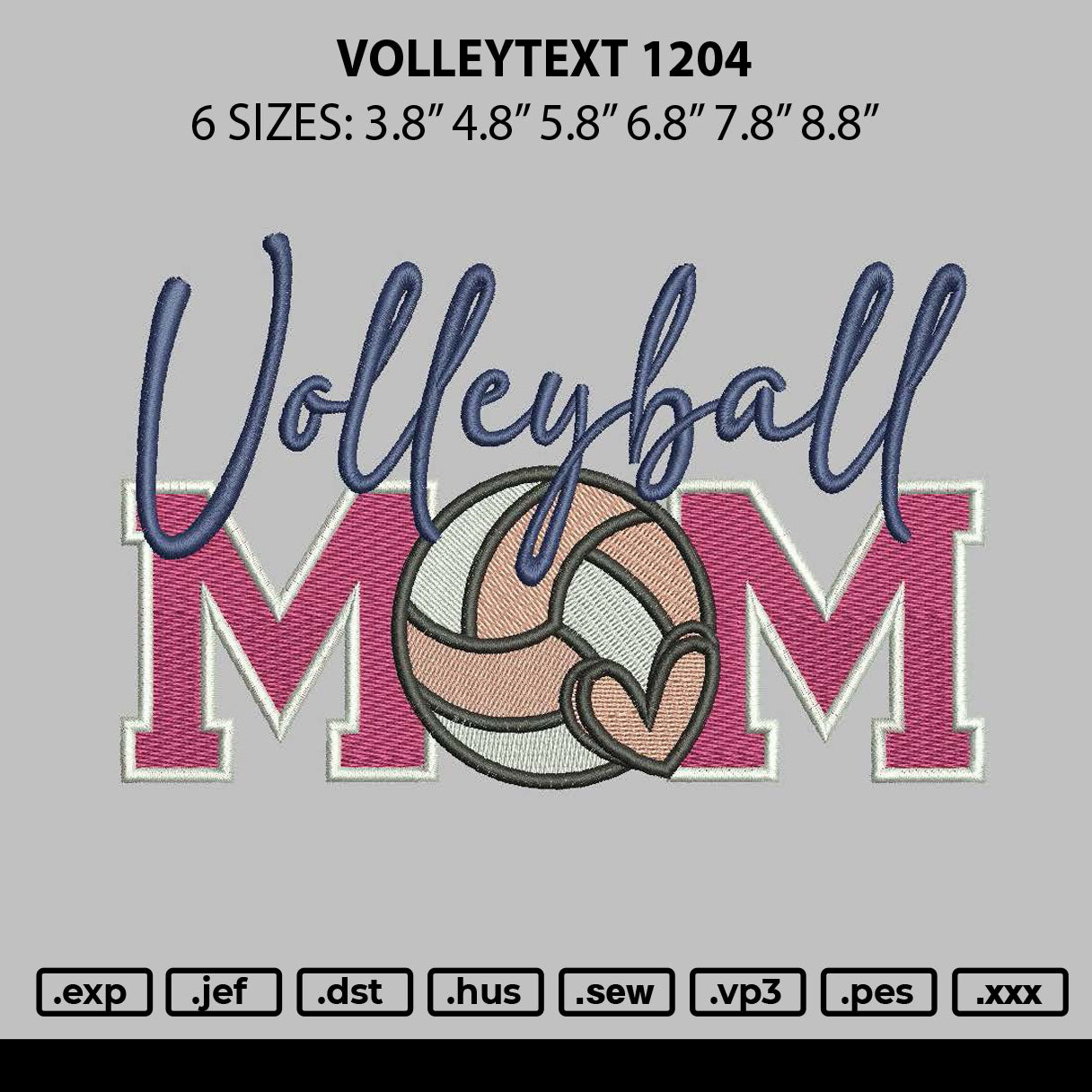 Volleytext 1204 Embroidery File 6 sizes