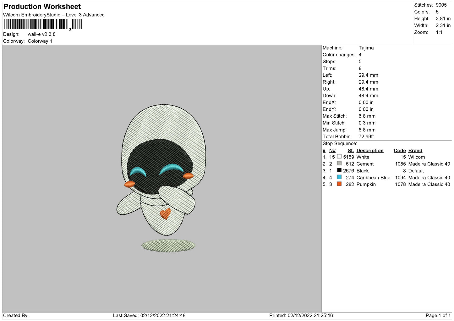 wall-e v2 Embroidery File 4 size