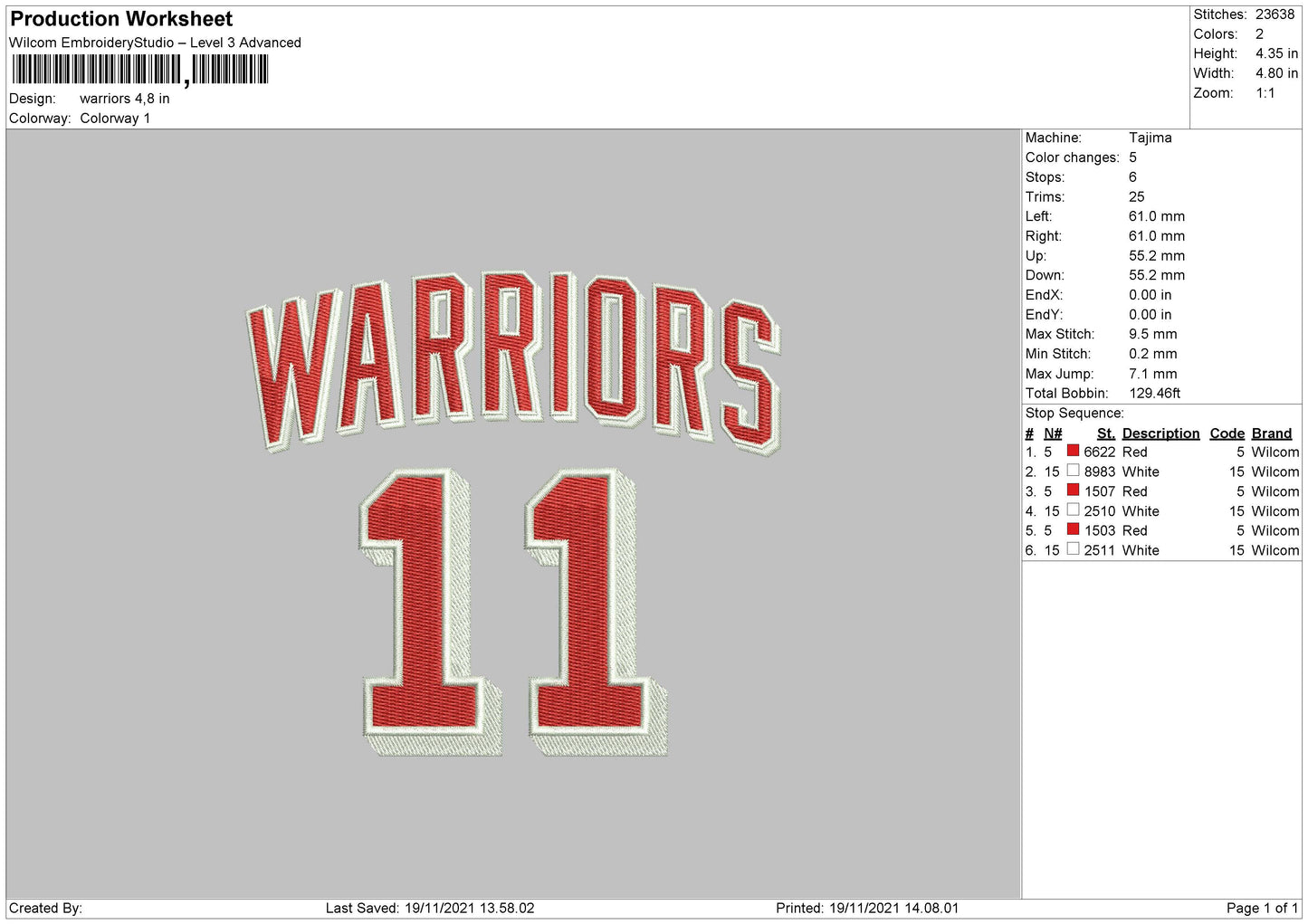 Warriors, 11, & text Embroidery