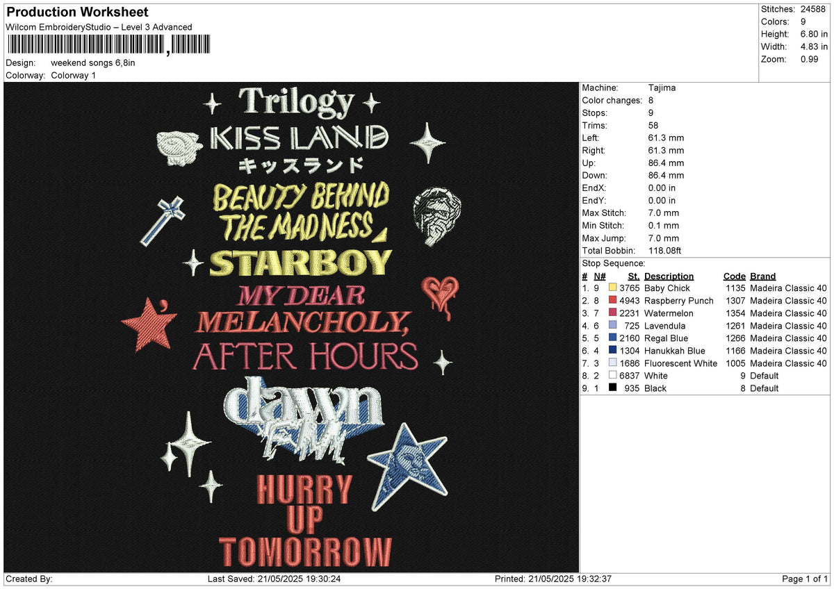 Weekend songs Embroidery File 6 size