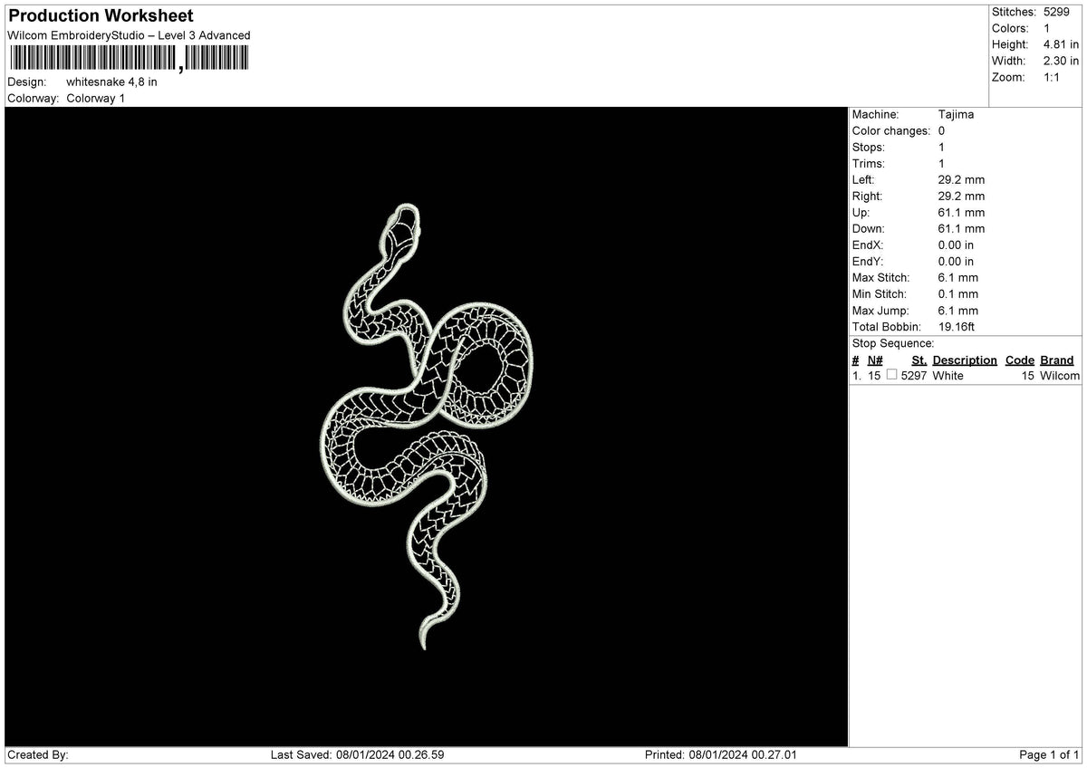 Whitesneak Embroidery File 6 sizes