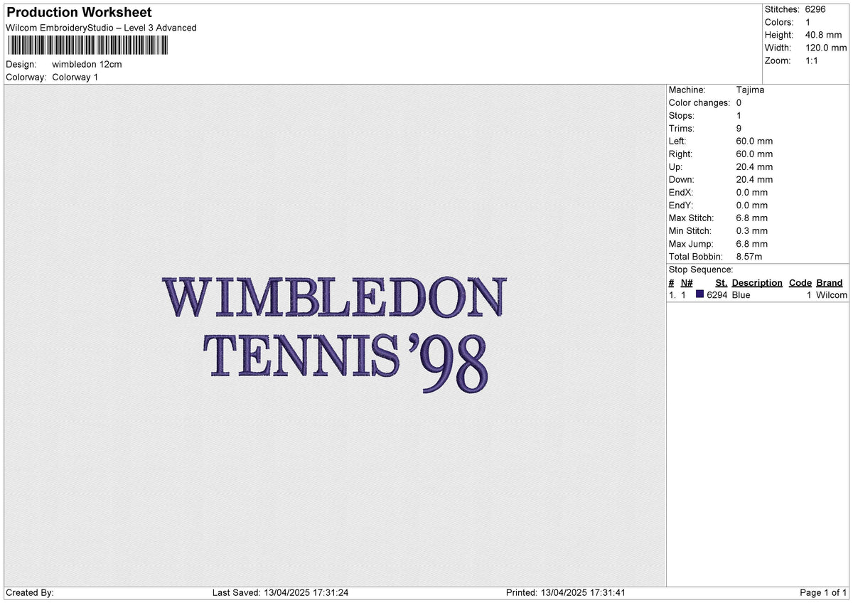 Wimbledon Embroidery File 6 size
