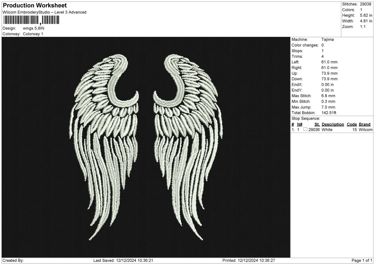 Wings Embroidery File 6 sizes