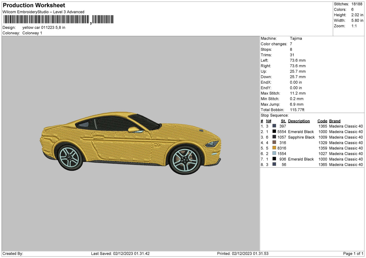 Yellow Car Embroidery File 6 sizes