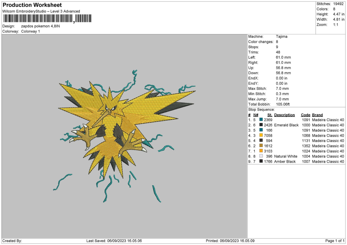 Zapdos Pokemon Embroidery File 6 sizes